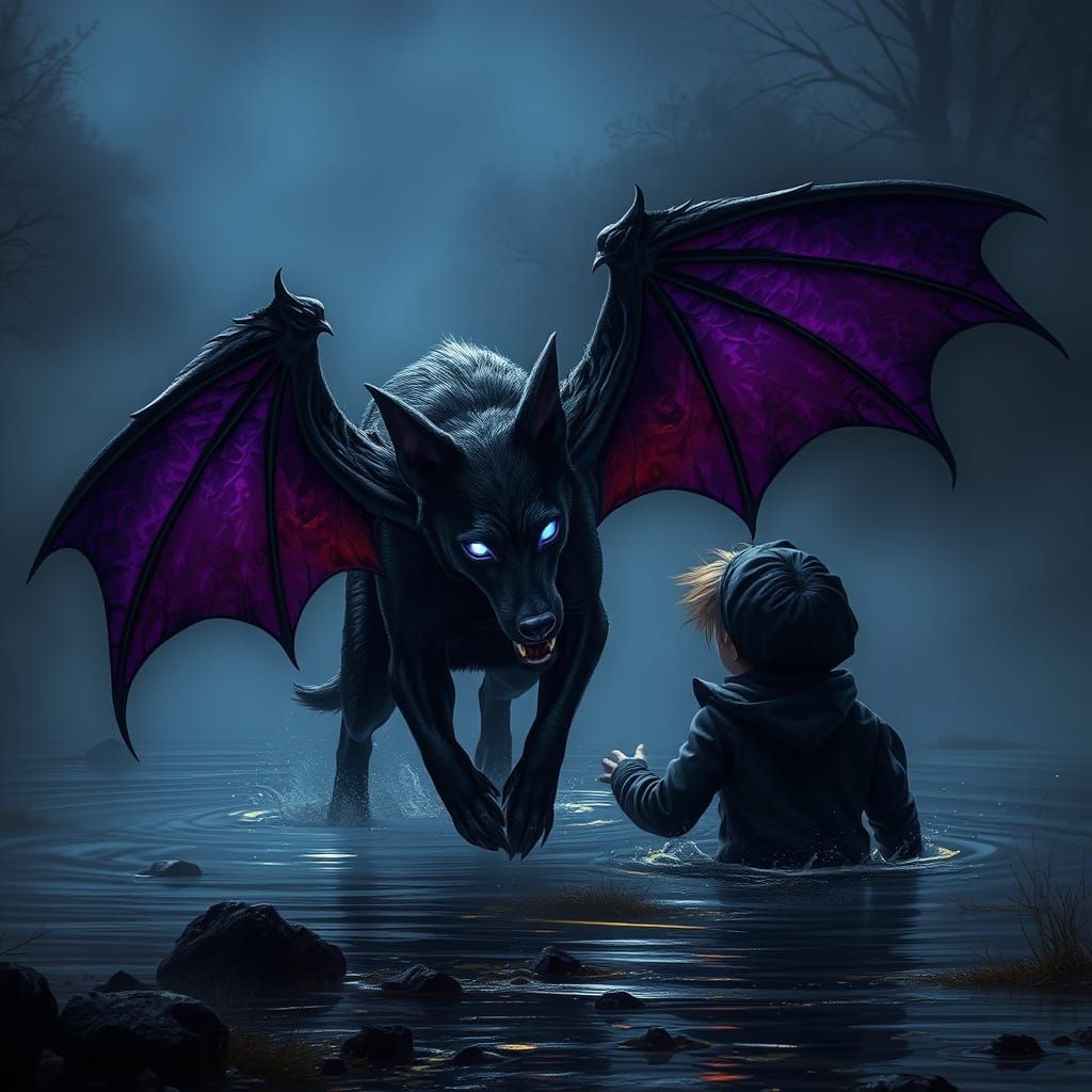 Demonic Dog with Bat Wings in Dark Fantasy Style