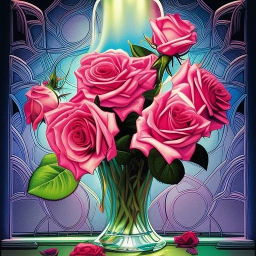 Vibrant Roses in a Classic Comic Book Style Vase