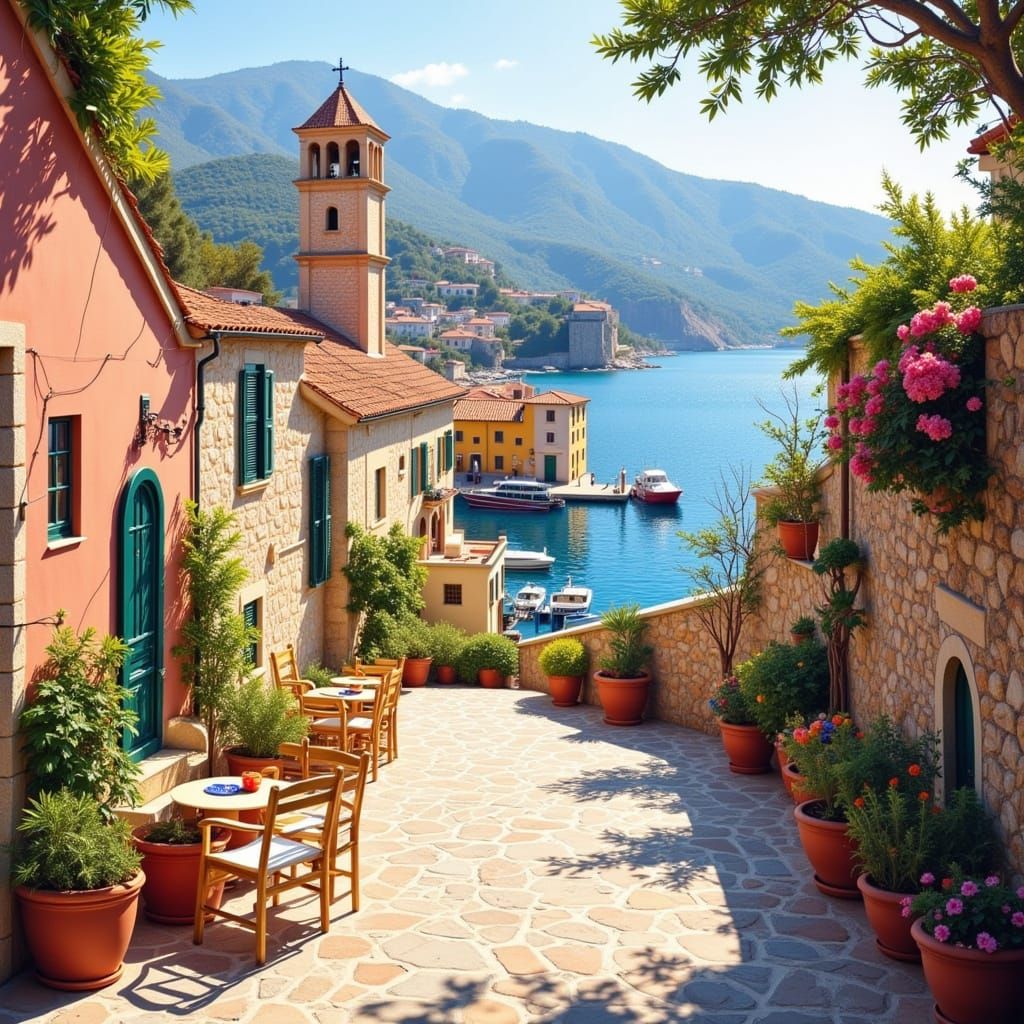 Vibrant Mediterranean Coastal Town in Pastel Hues