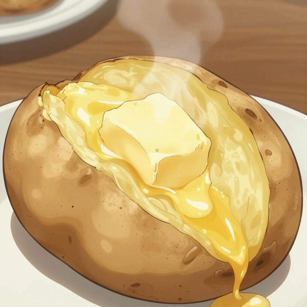 Steaming Baked Potato with Melting Butter in Anime Style