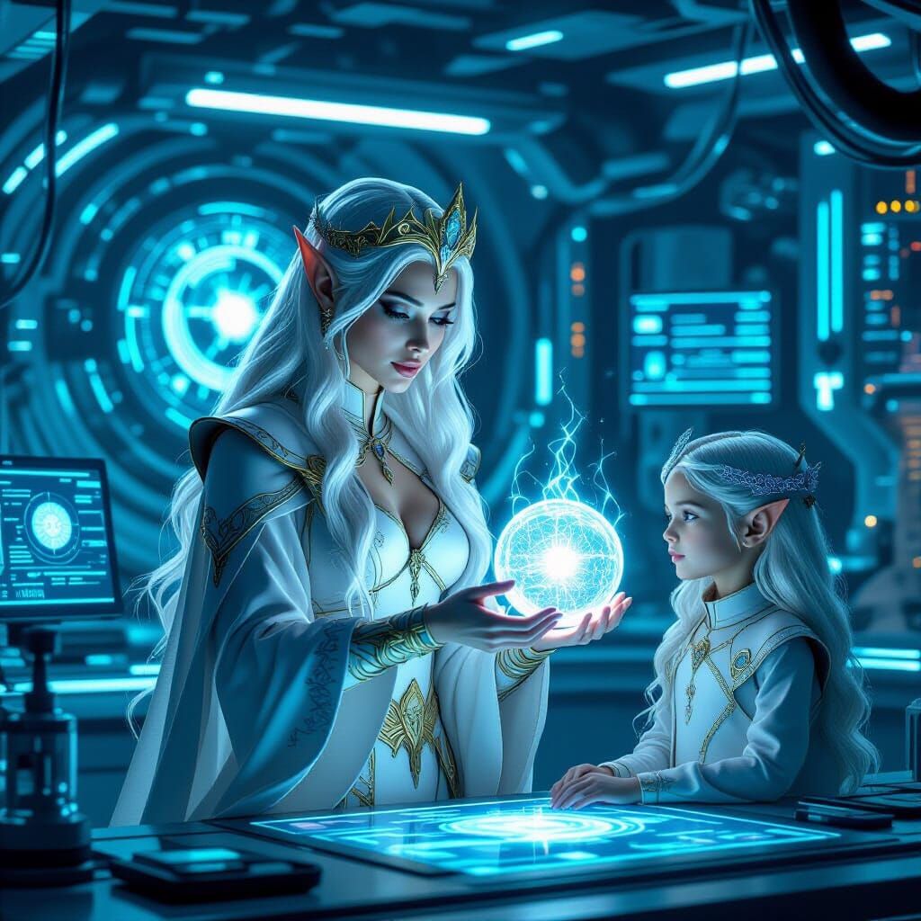 Elven Queen Studies Artifact in Cyberpunk Lab