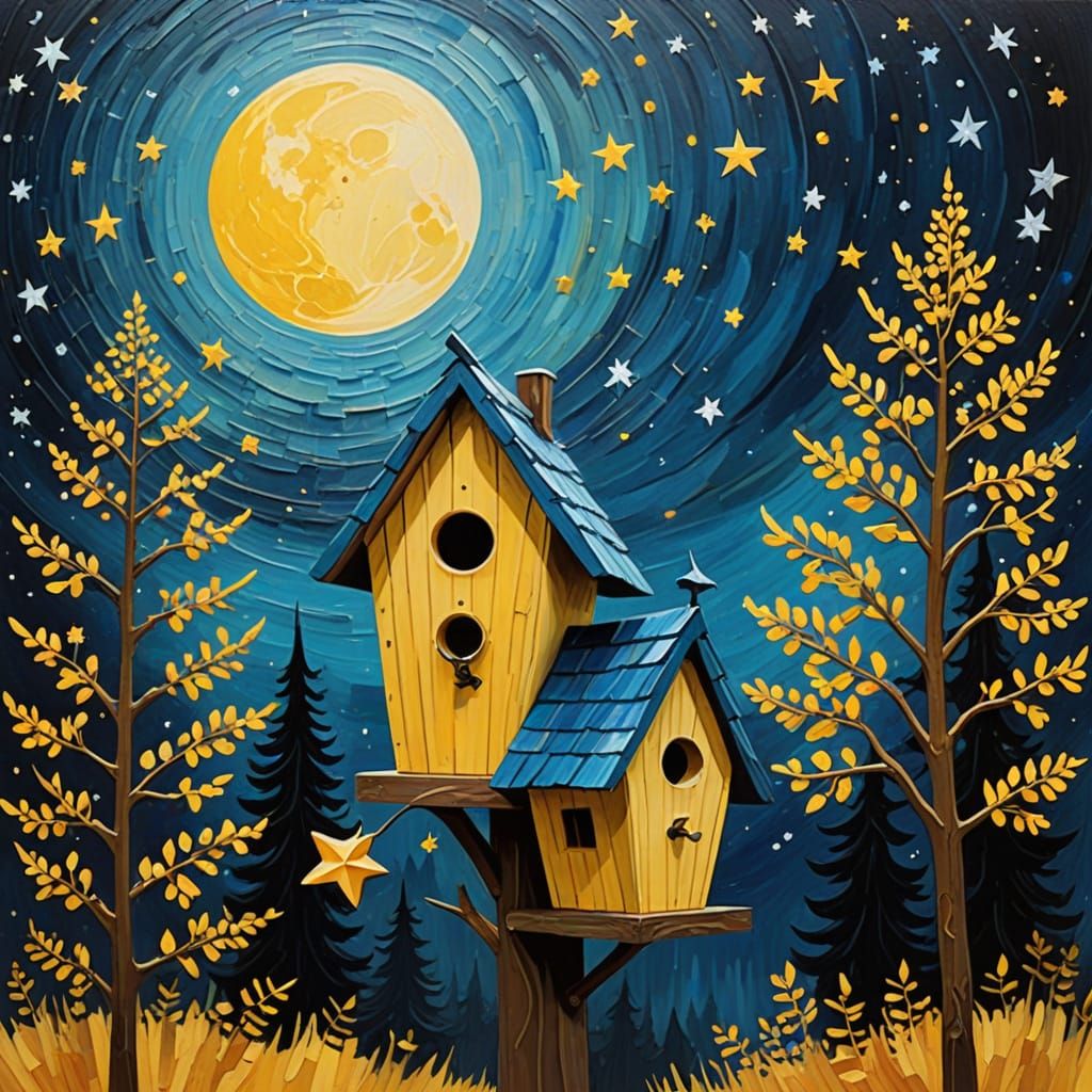 Midnight Perch” – Van Gogh-Inspired Birdhouse Under a Starry...