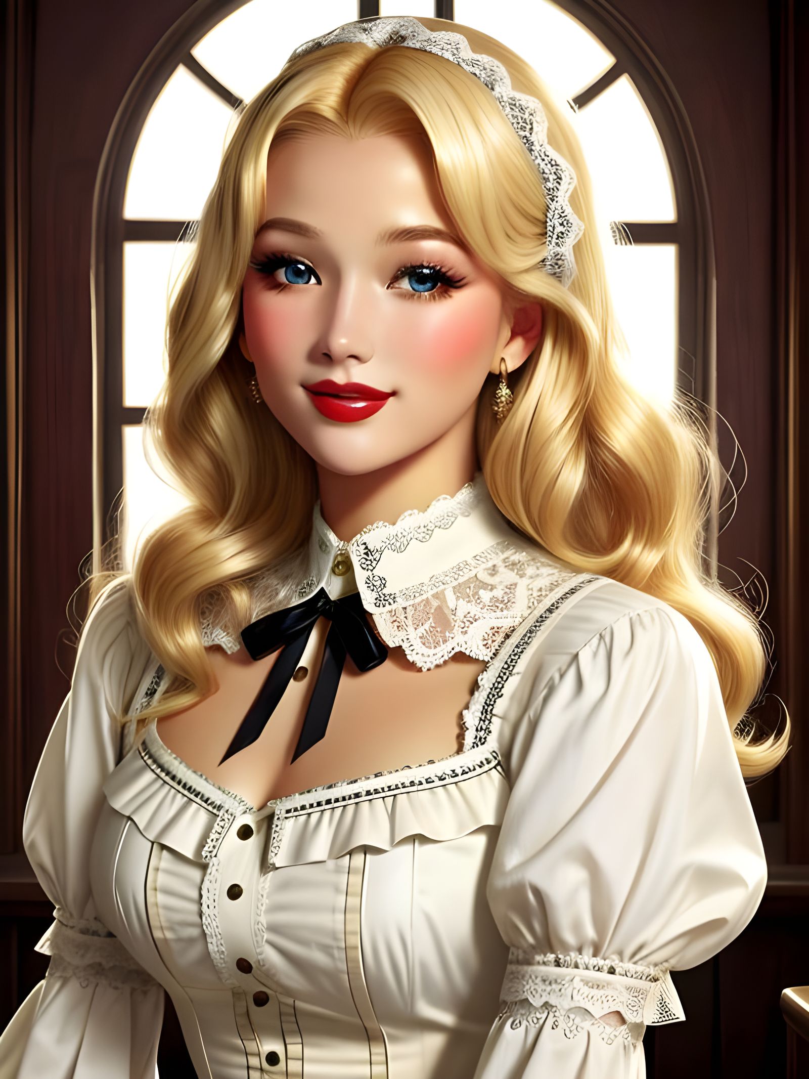 A Beautiful Blonde Woman Smiles in an Elegant Lace Blouse