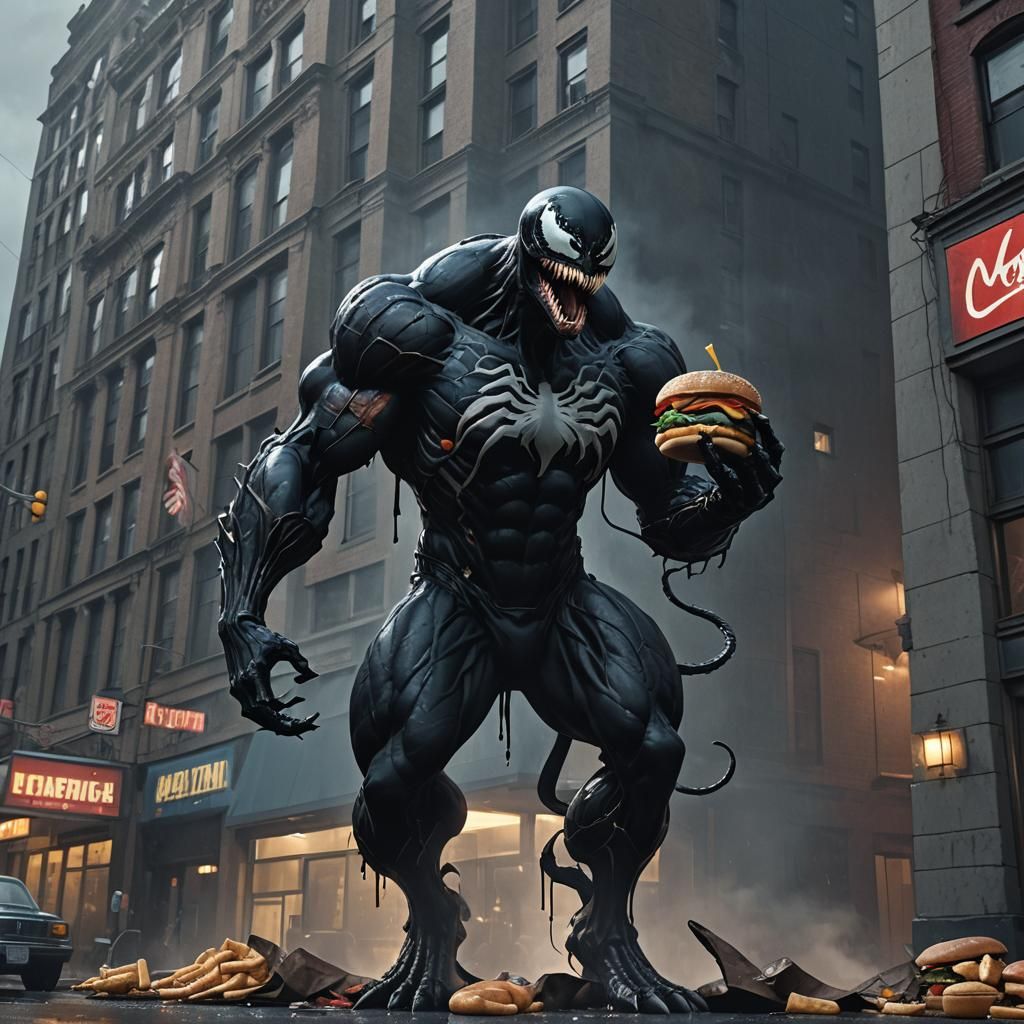 Venom Gripping Cityscape with Gourmet Burger