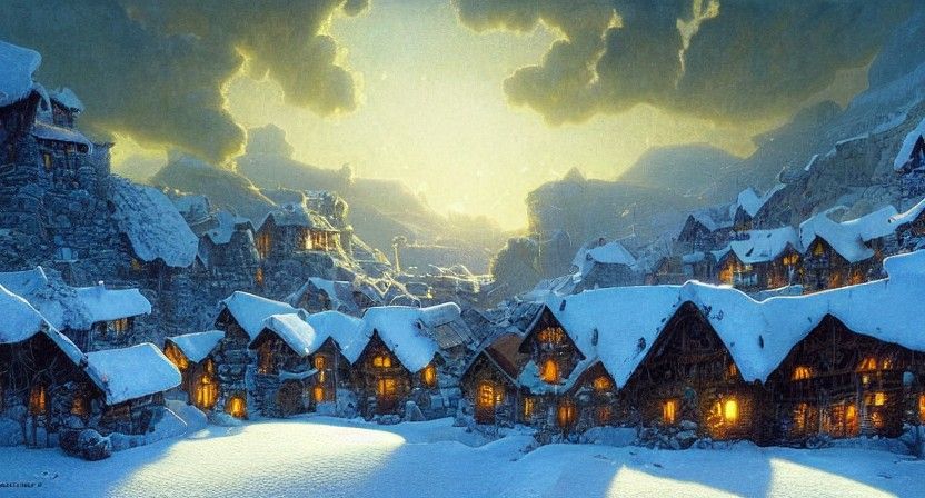 Snowy Mountain Village at Golden Hour