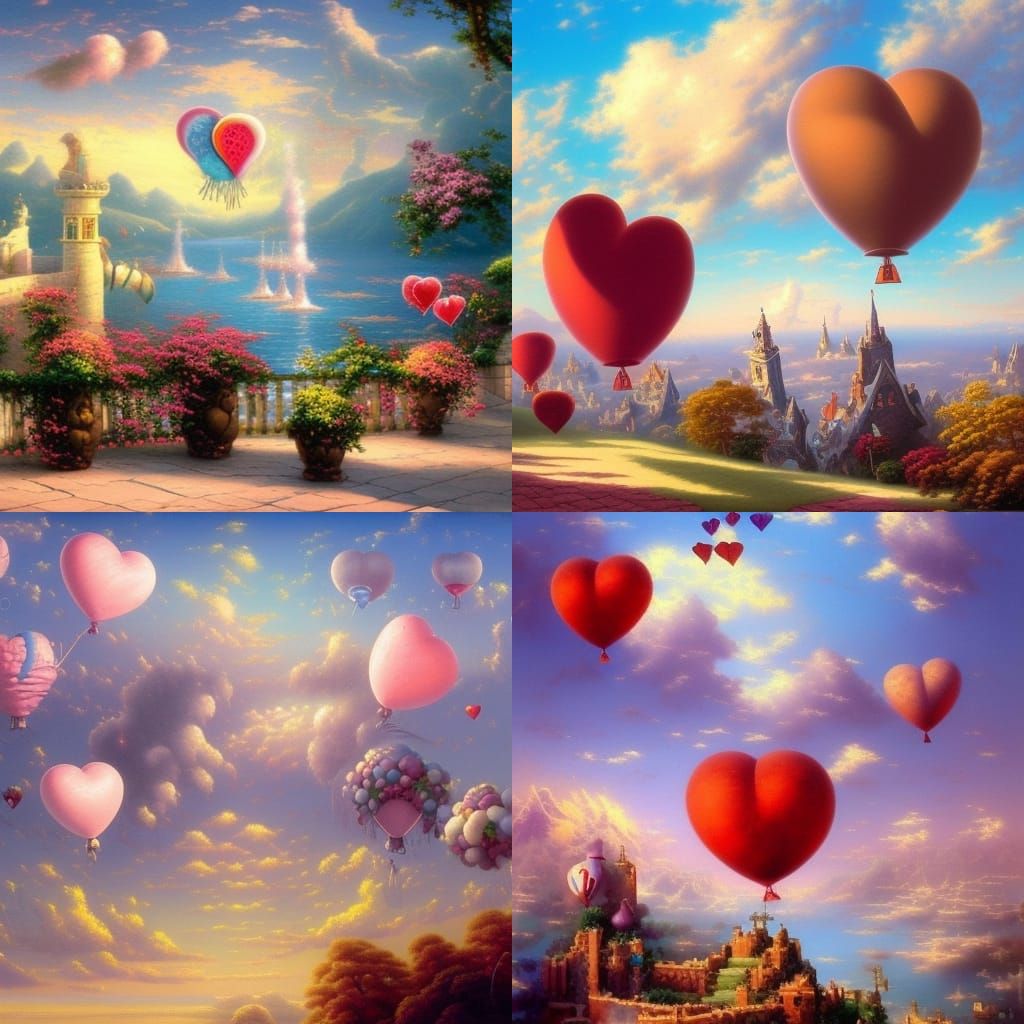 Whimsical Surrealism: Heart Balloons in Ethereal Fantasy