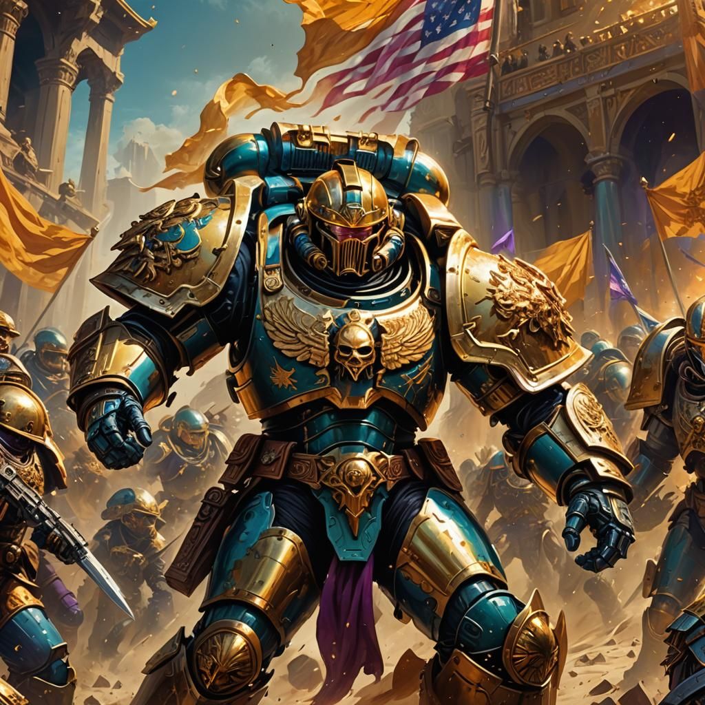 Epic Space Marine Leading a Golden Charge in Vibrant Fantasy...