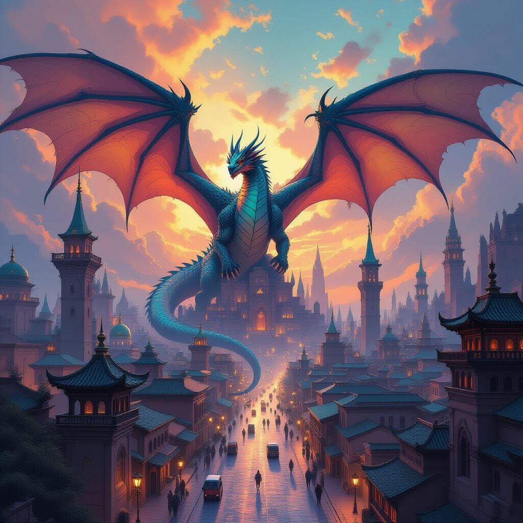 Fantasy Cityscape With Dragon in Orange, Teal, Purple