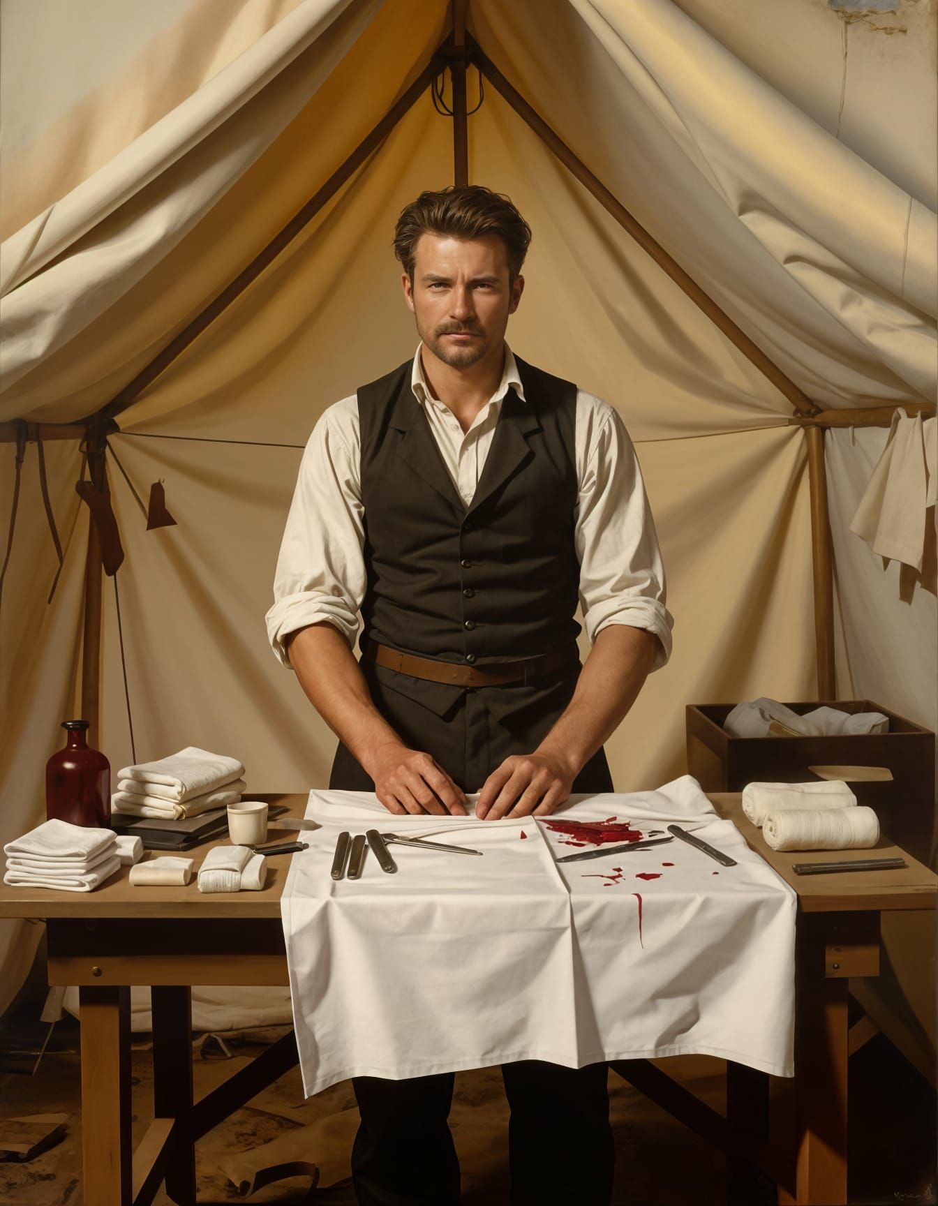 Civil War Surgeon Tending Wounded in Field Tent