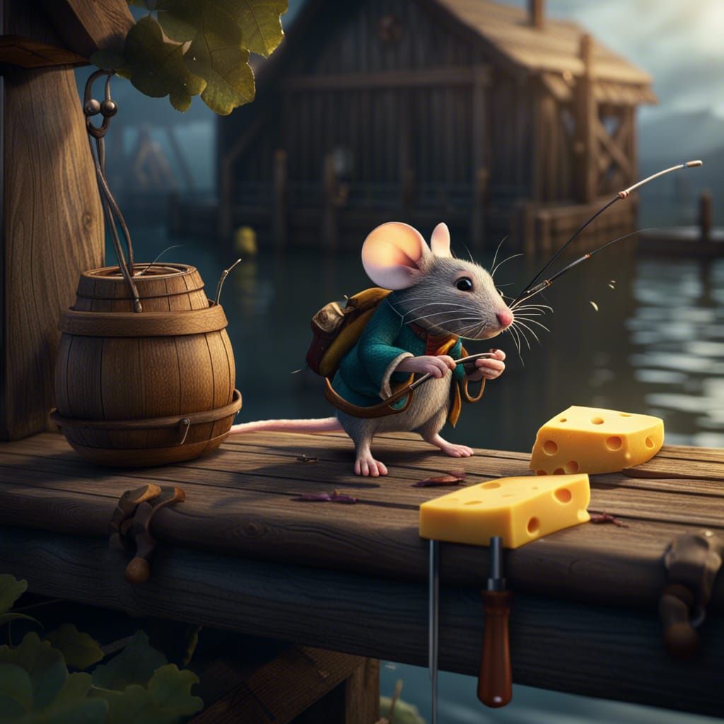 Whimsical Mouse Dock Scene in Vibrant Fantasy Style