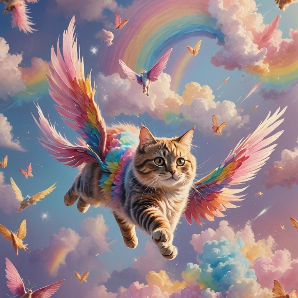Whimsical Rainbow Cat Soars in Vibrant Art Deco Fantasy