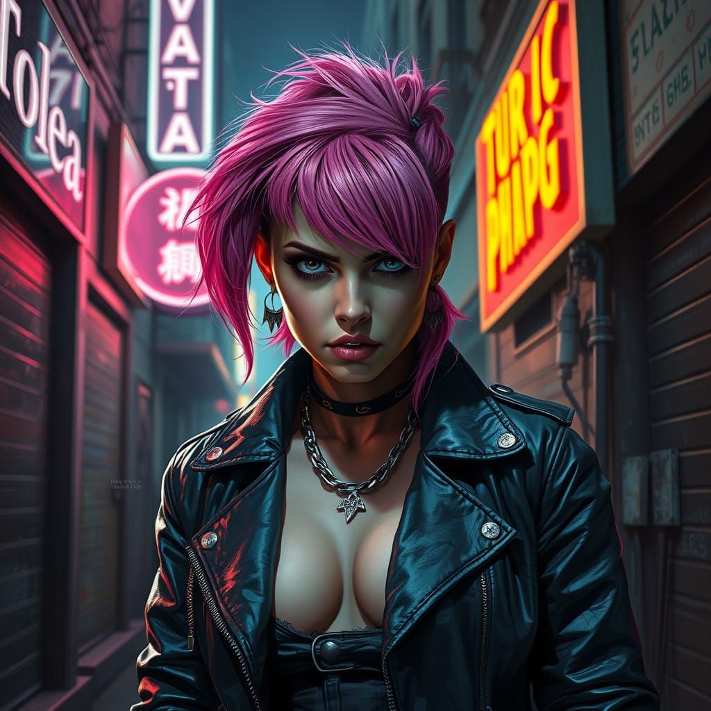 Punk Woman with Pink Hair in Neon Alleyway