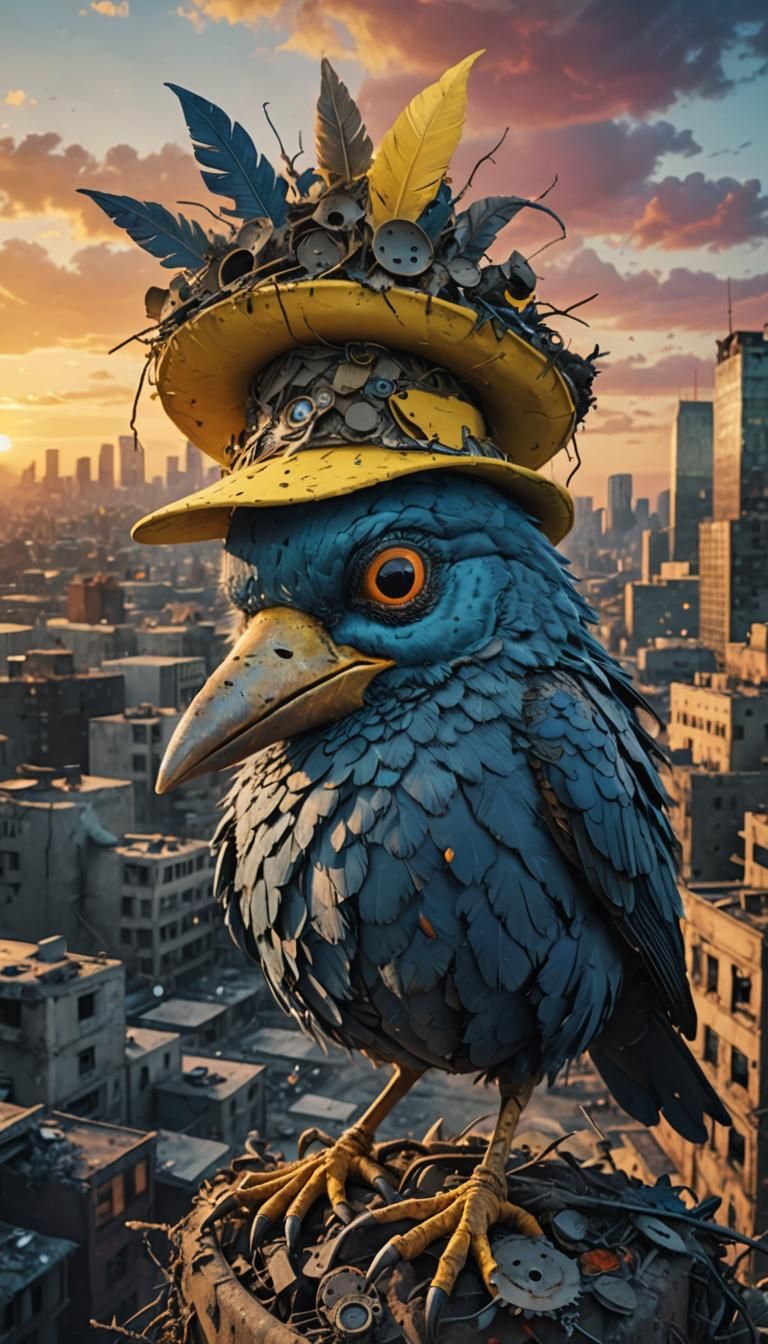 Surreal Hyper-Realistic Bird in Giant Haute Couture Yellow H...