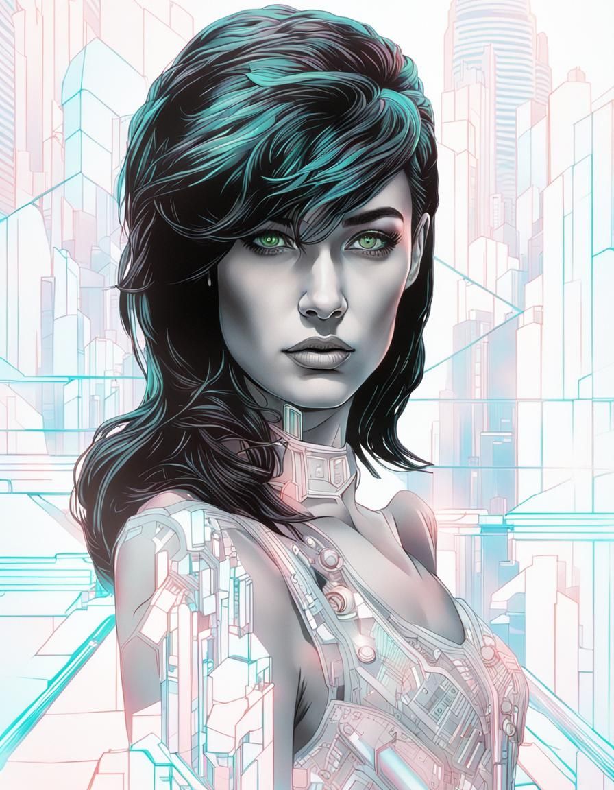 Surreal Futuristic Woman in Neon-lit Cityscape
