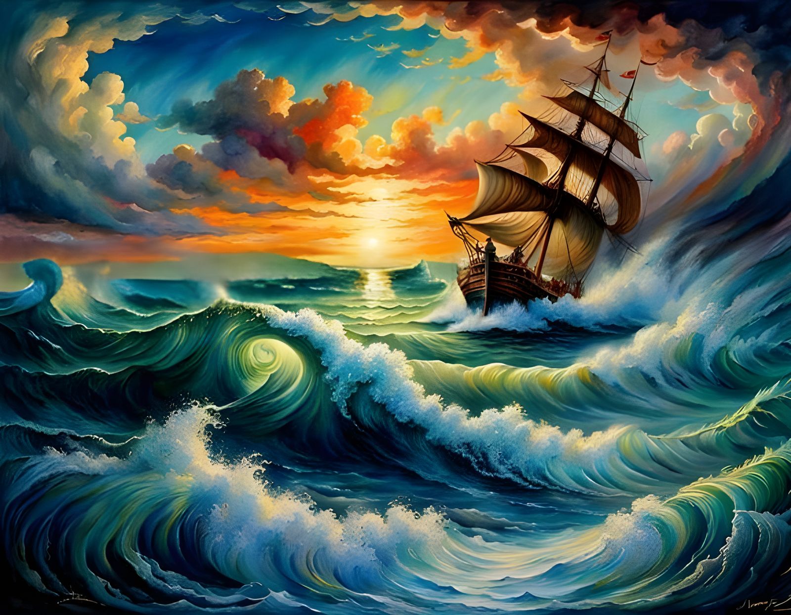 Surreal Seascape with a Small Ship in a Stormy Lagoon