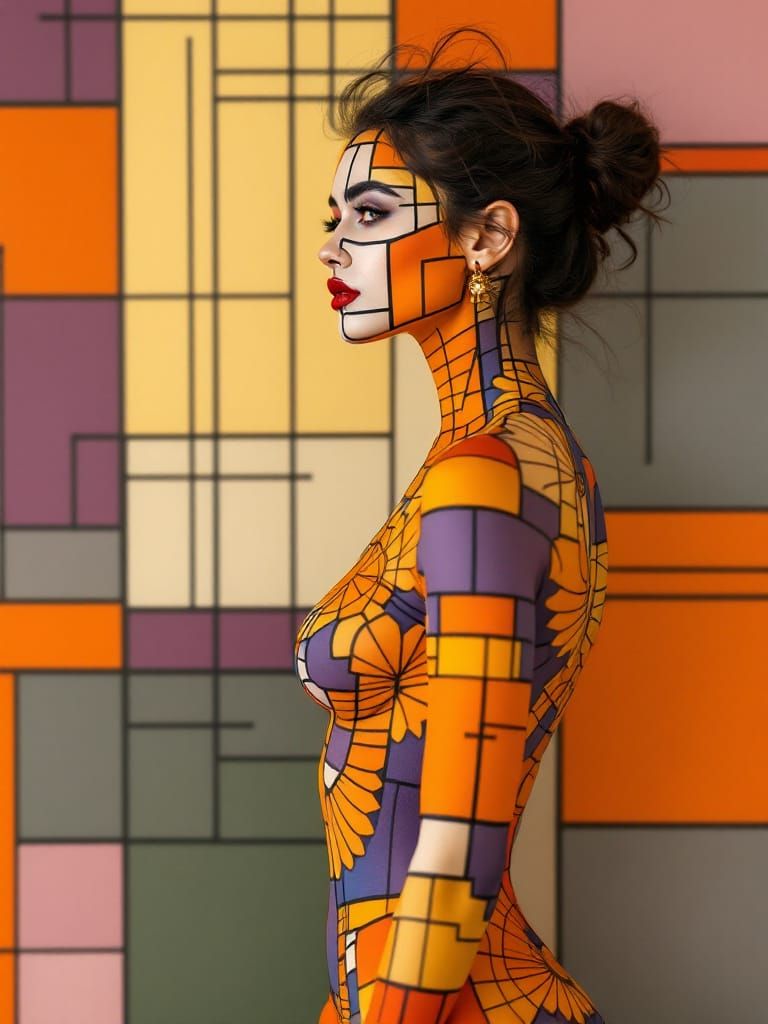 Woman Merges With Geometric Wall Art in Autumn Twilight