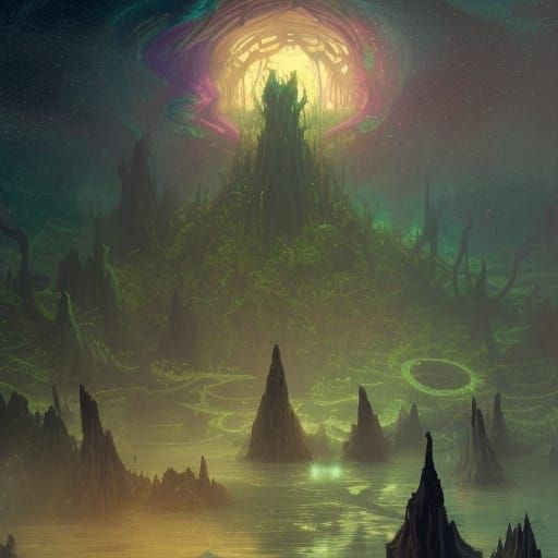 Lovecraftian Alien Swamp Under Starry Night