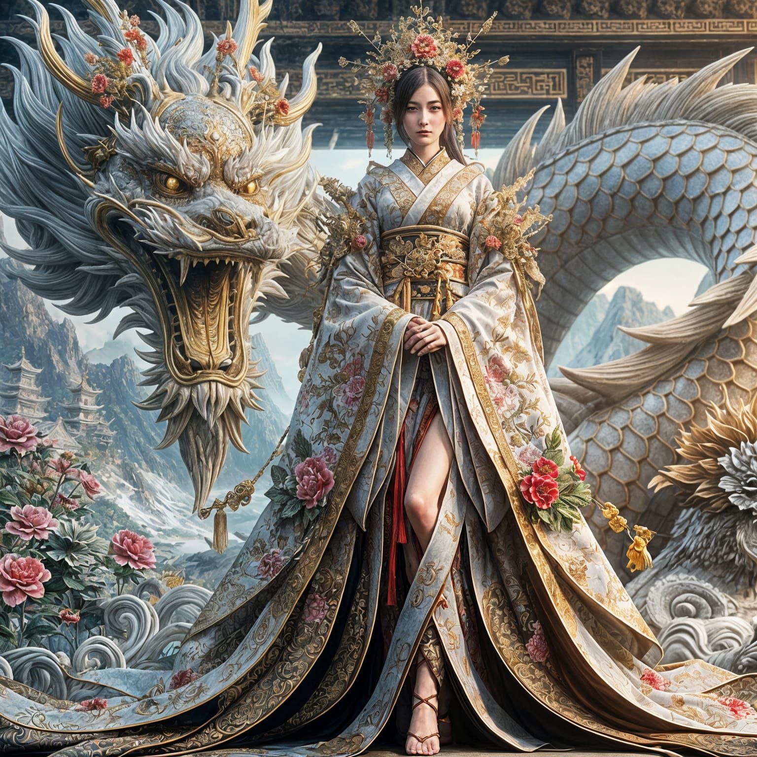 Fantasy Empress with Dragon Statue Concept Art