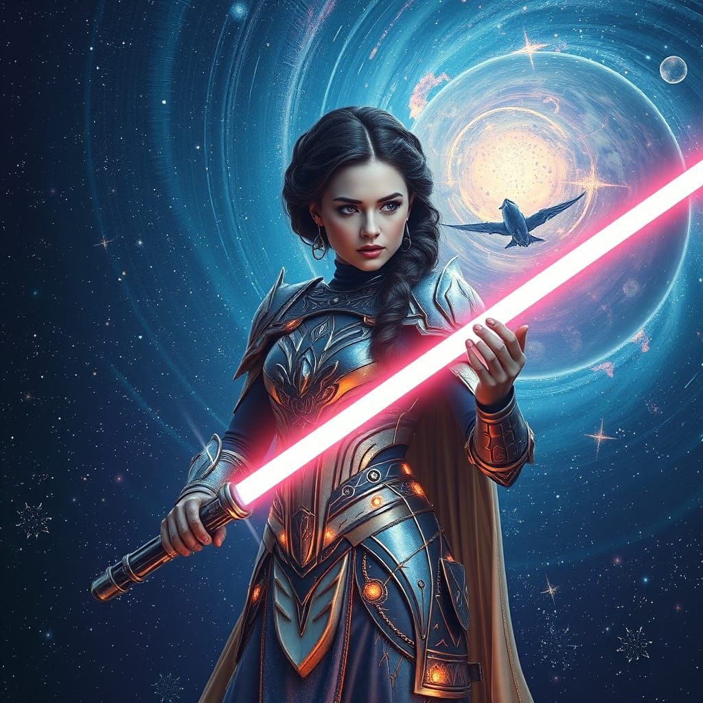 Star Goddess with Constellation Lightsaber in Cosmic Landsca...