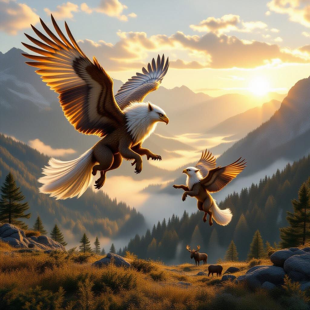 Father Gryphon Teaches Son Over Misty Glen at Golden Hour