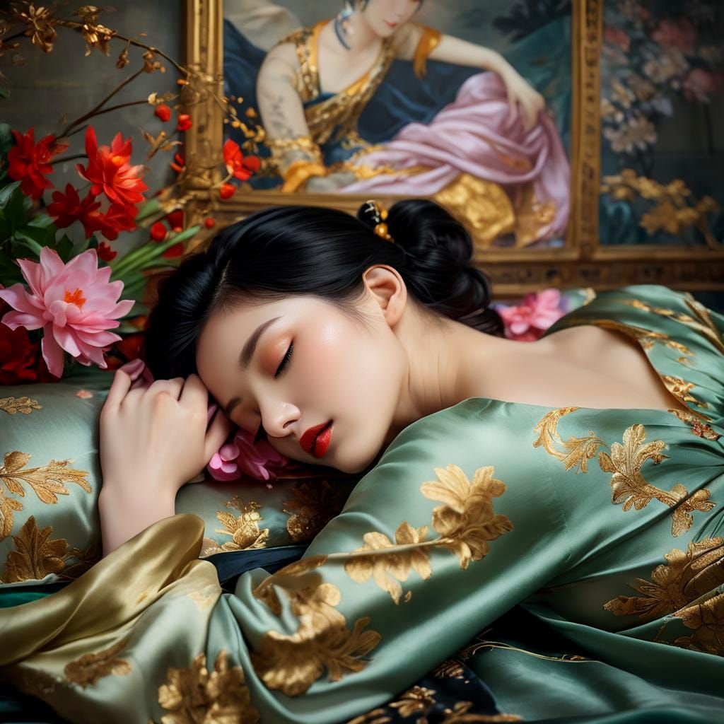 Asian Goddess Slumbers Among Elegant Silk