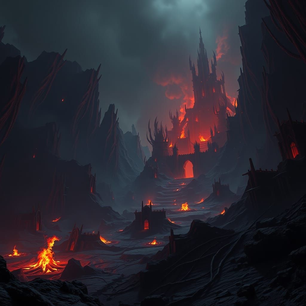 Dark Ominous Hell Landscape in Cyberpunk Style
