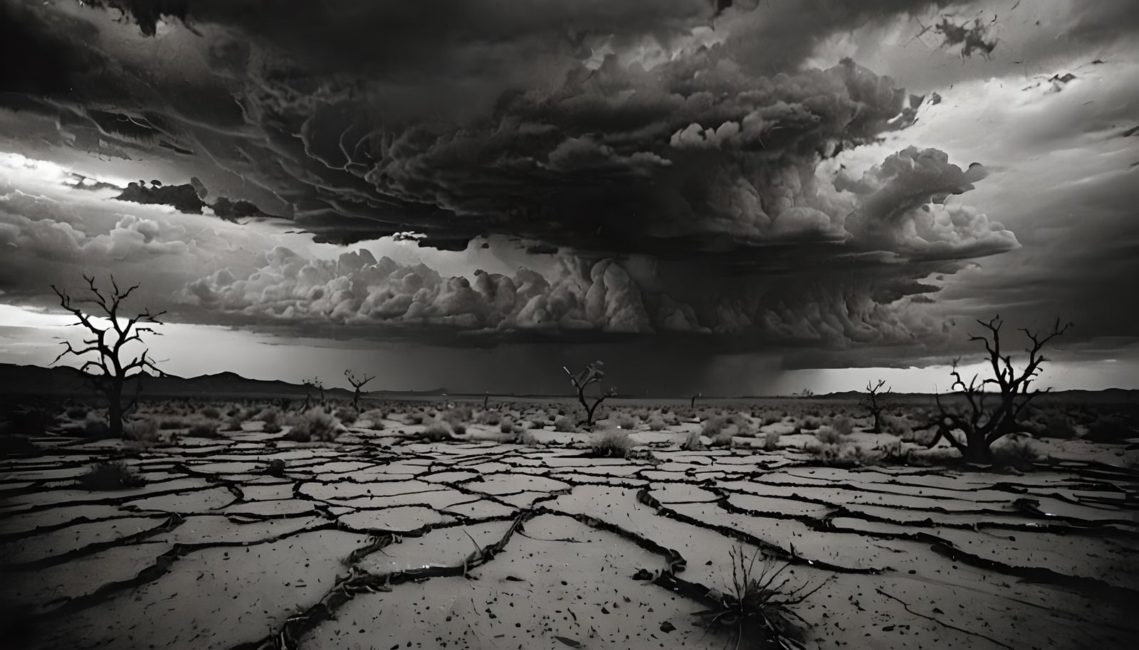 Barren Landscape Under Ominous Black Skies