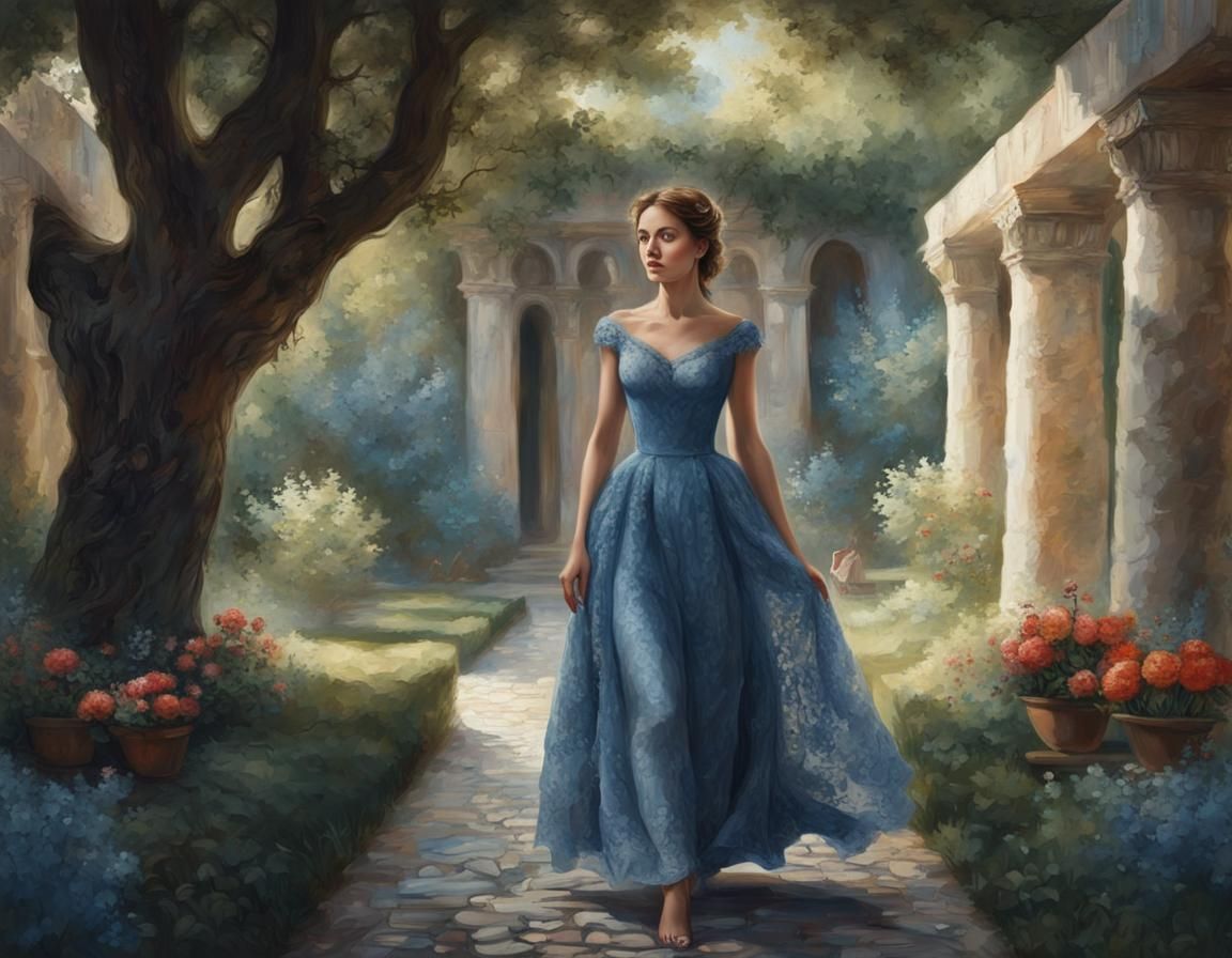Princess in an Ancient Garden, Hyperrealistic Oil Painting