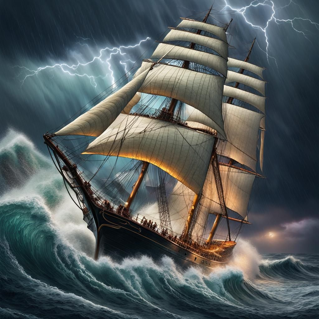 Frigate in Turbulent Stormy Sea at Night