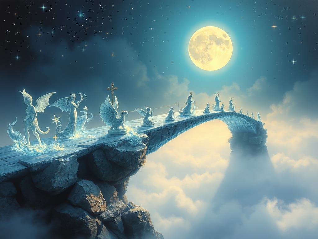 Un pont en cristal suspendu au-dessus d'une mer de brume argentée.