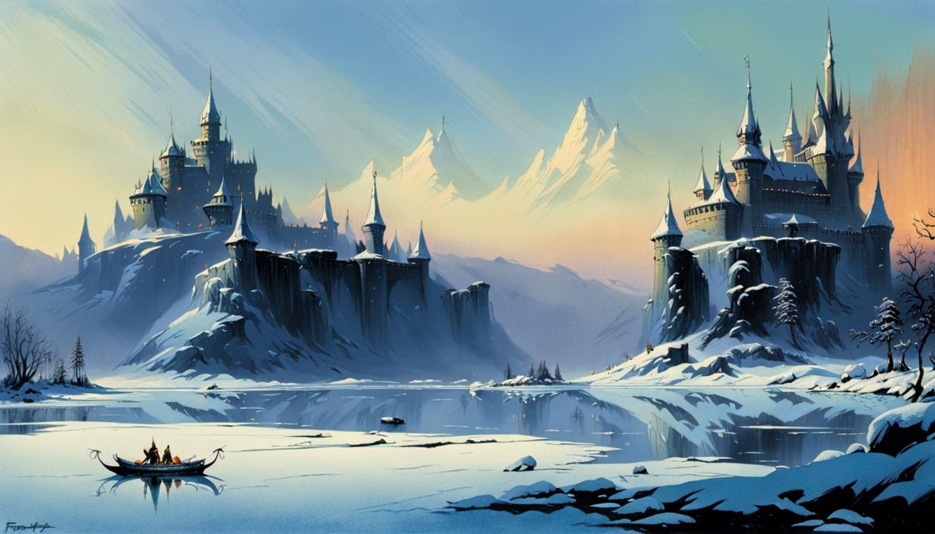 Serene Elven Castle on Frozen Lake in Bright Winter Light