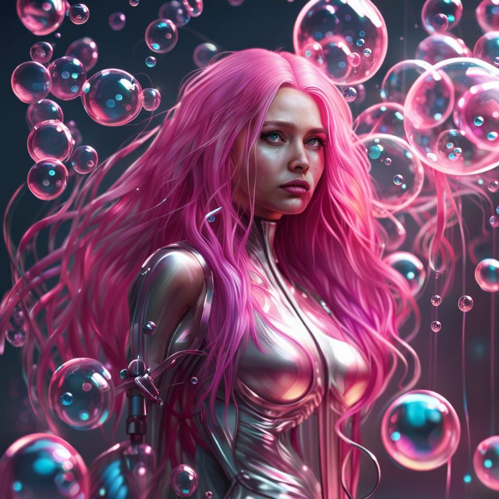 Cyberpunk Goddess in a Whirlwind of Pink Bubbles