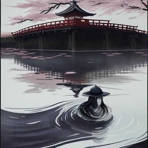 Ethereal Japanese Woman Stands Beside Tranquil Pond in Soft....