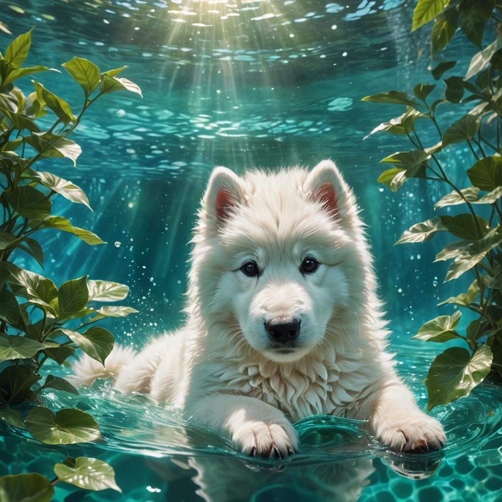 Samoyed Puppy in Vibrant Turquoise Oasis