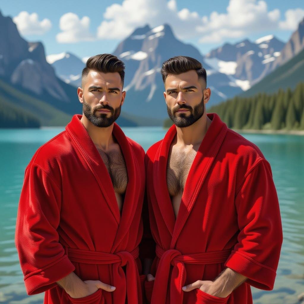 Two Men by Mountain Lake in Epic Impressionist Style