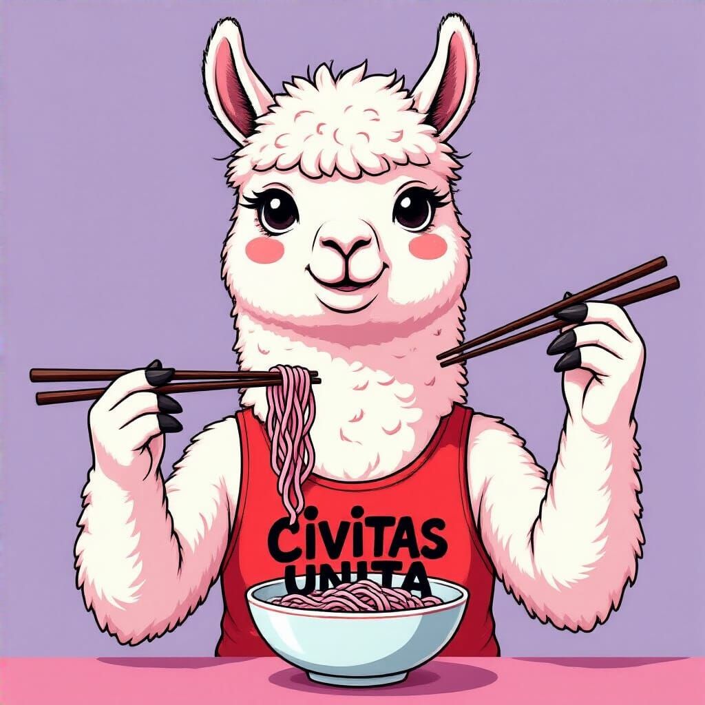 Cartoon Llama Eating Noodles in Playful Style