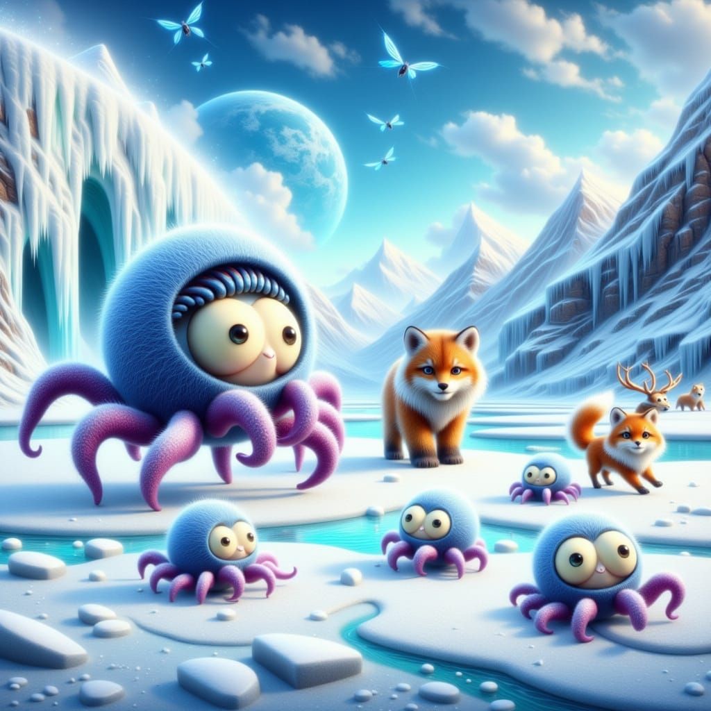 Whimsical Ice-Age Era Scene with Fantastical Creatures