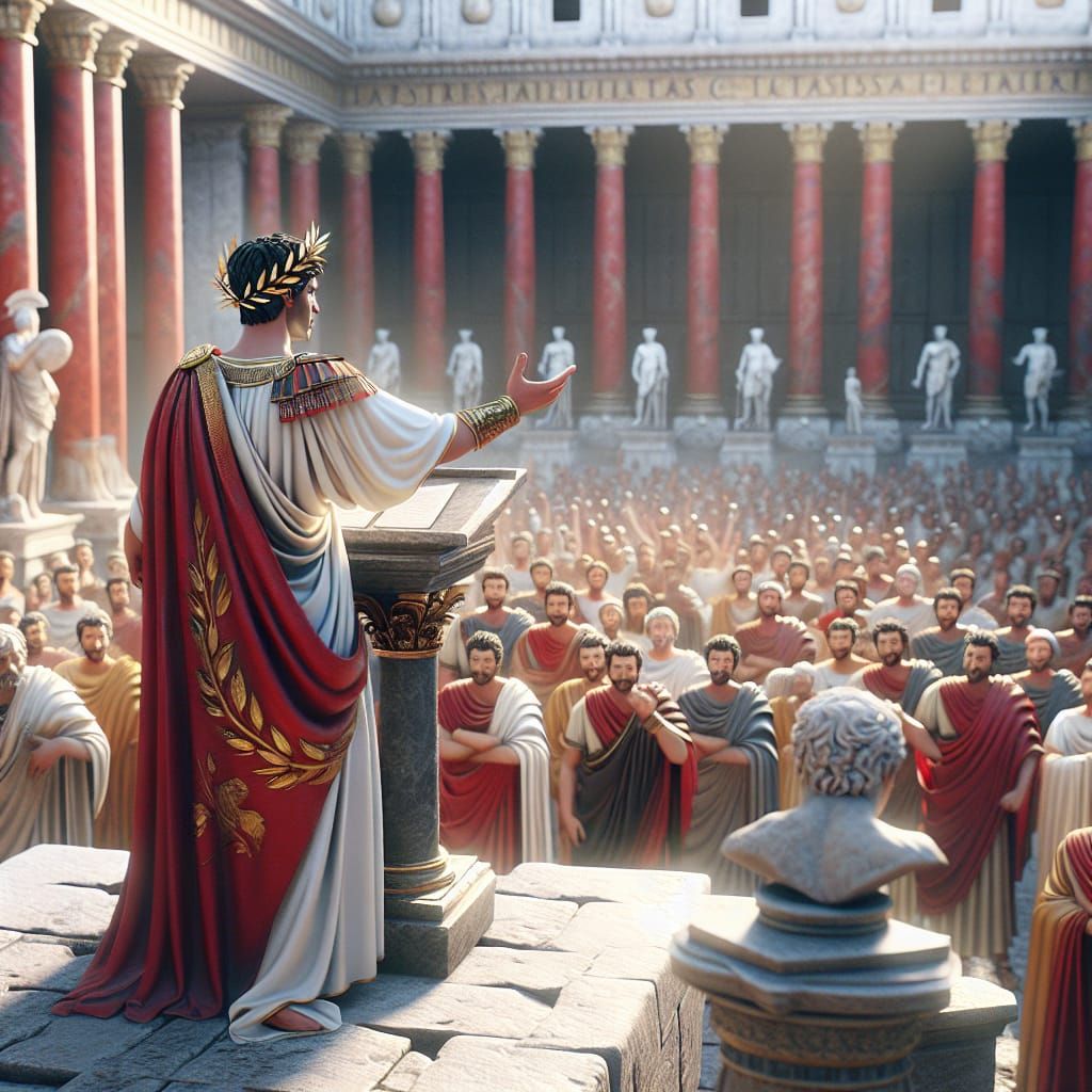 Historical Figure in Roman Forum with Red and Gold Tones