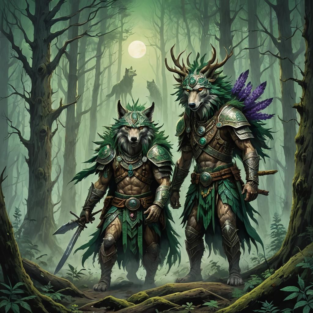 Moonlit Wolf-Men Stalk Prey in Emerald Forest