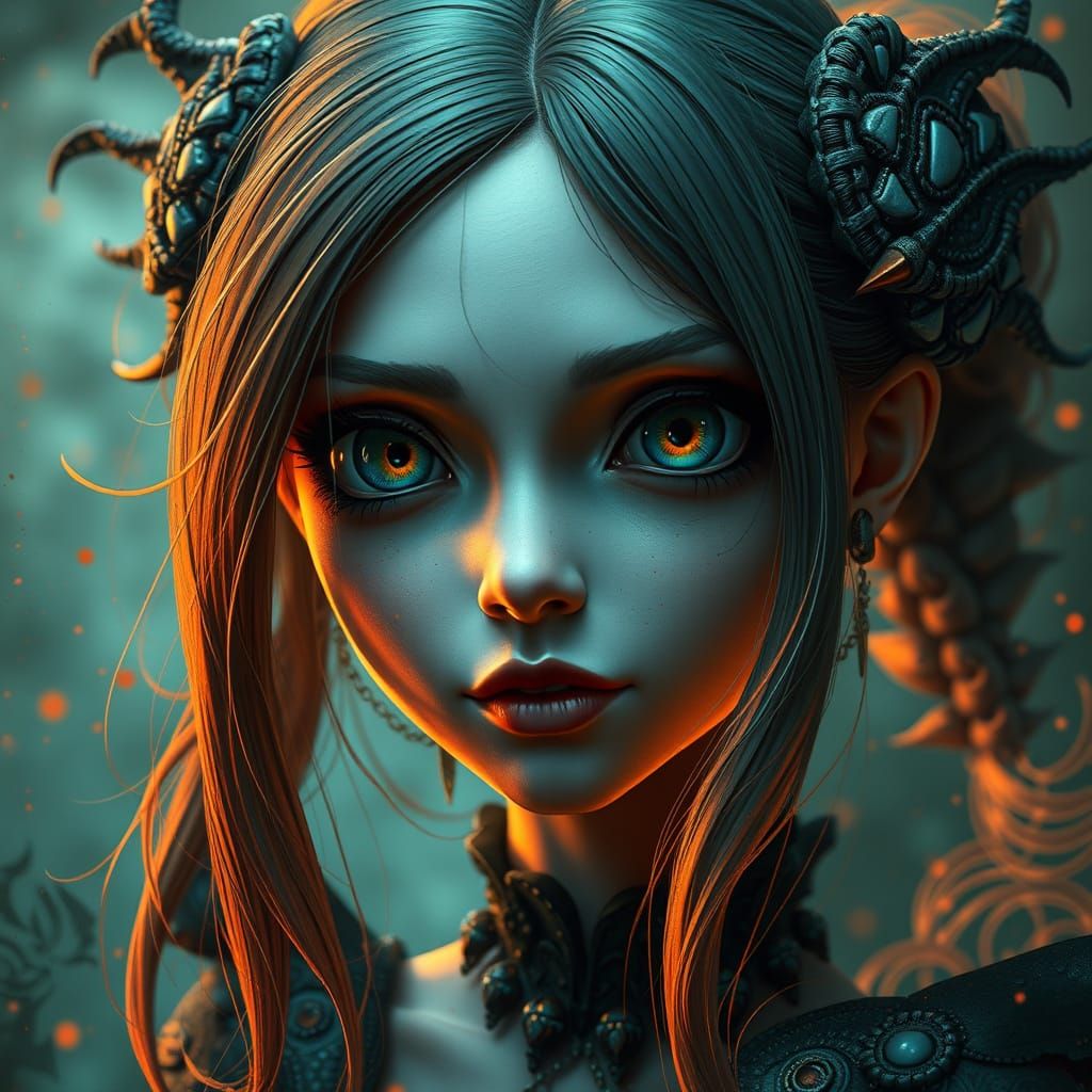Dark Fantasy Woman with Big Eyes in Fractal Style