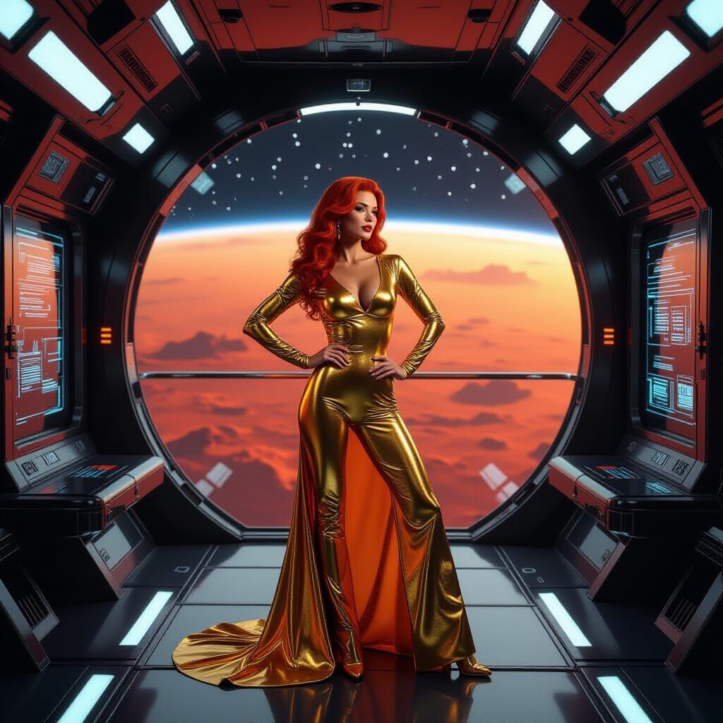 A statuesque woman with fiery red hair, clad in a shimmering gold lamé catsuit, confidently poses on the observation dec...