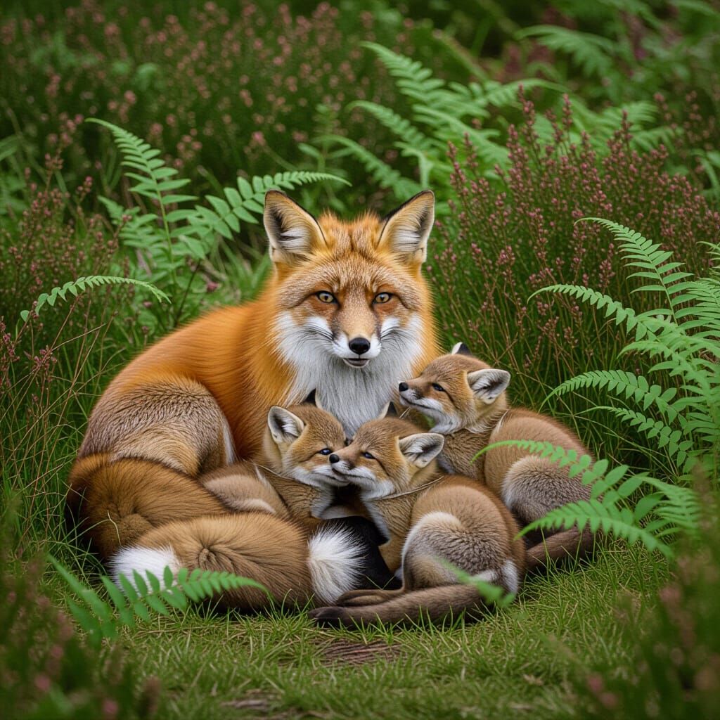 Fox Family Playing in Ferns and Heather