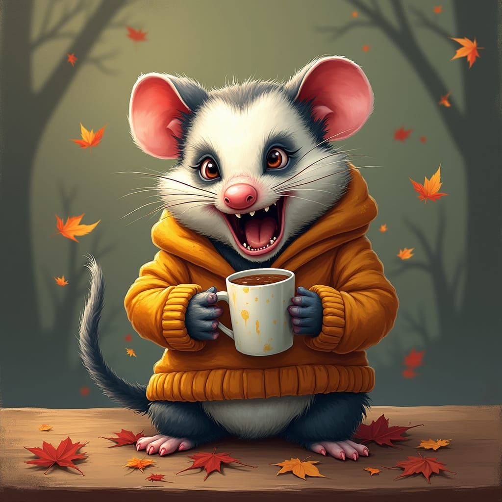 Insane Opossum With Coffee Mug In Autumn Sweater