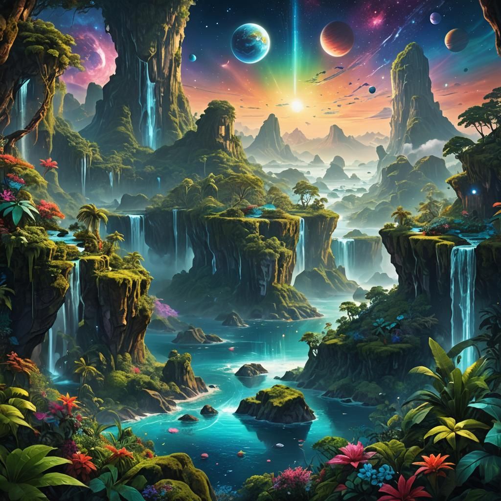 Surreal Jungle Planet Surrounded by Cosmic Wonders