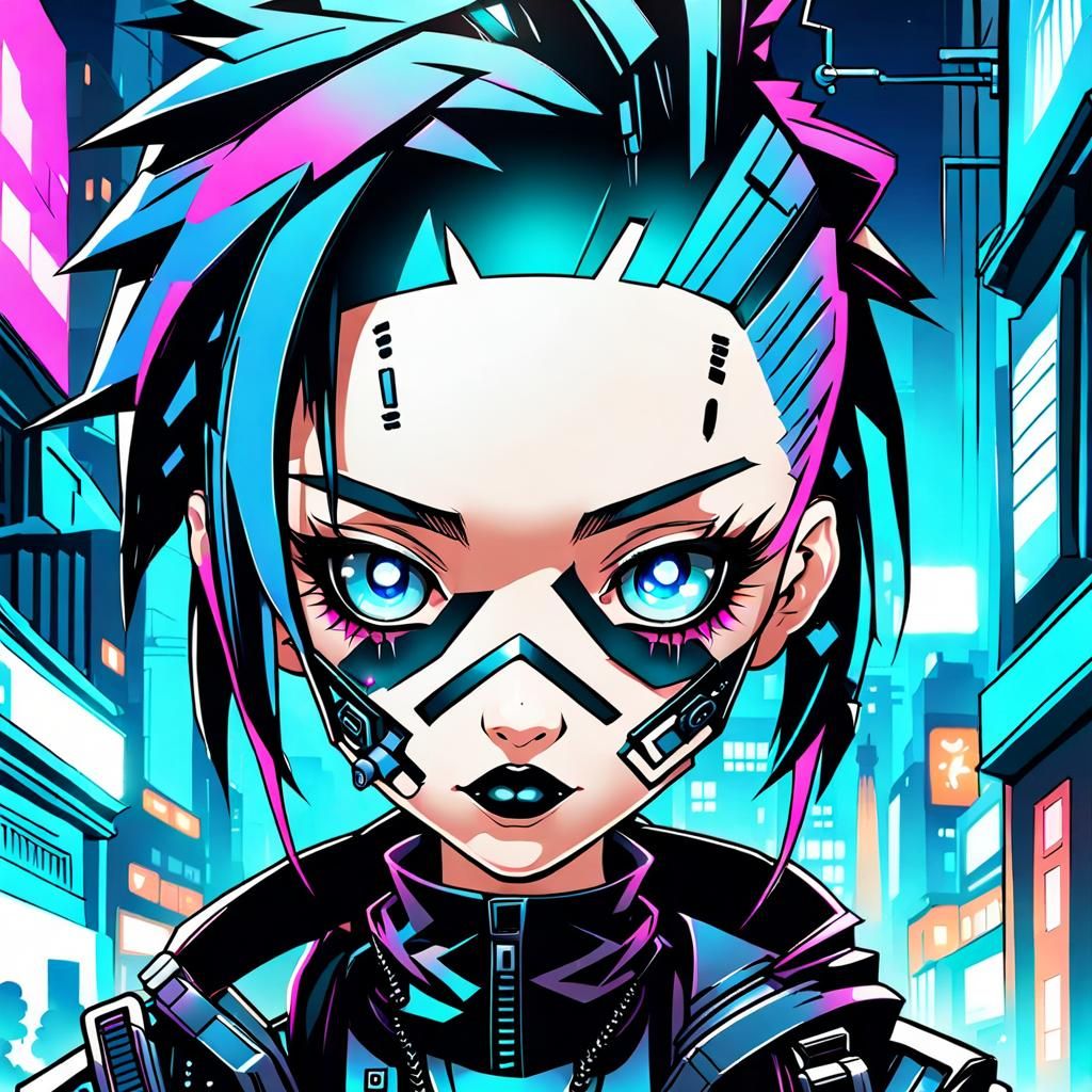 Cyberpunk Chibi Girl Walks Streets at Night