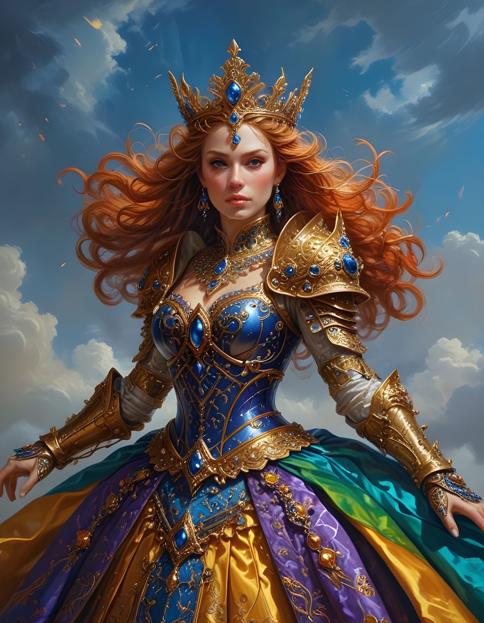 Fantasy Queen in Colorful Armor Dress, Elaborate Oil Paintin...