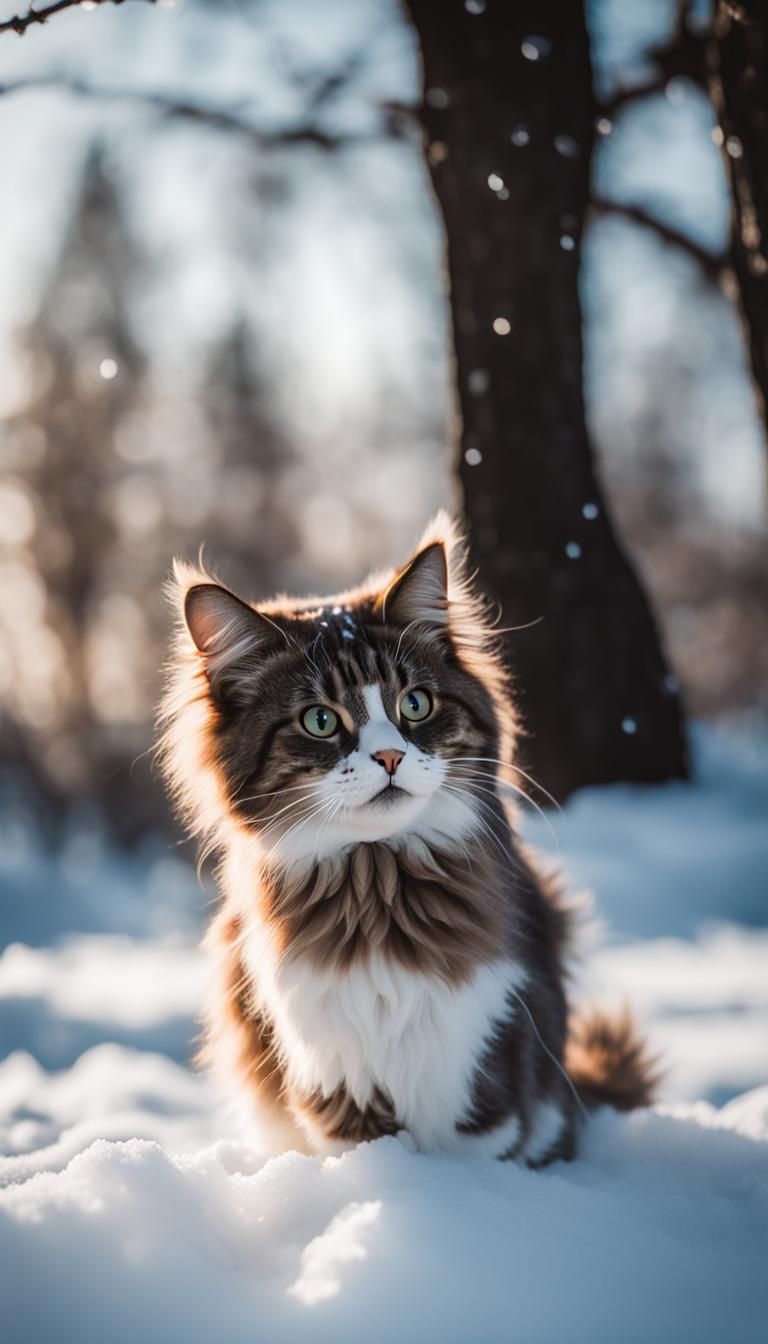A Fluffy Cat Emerging from a Winter Storm in Moody Lighting
