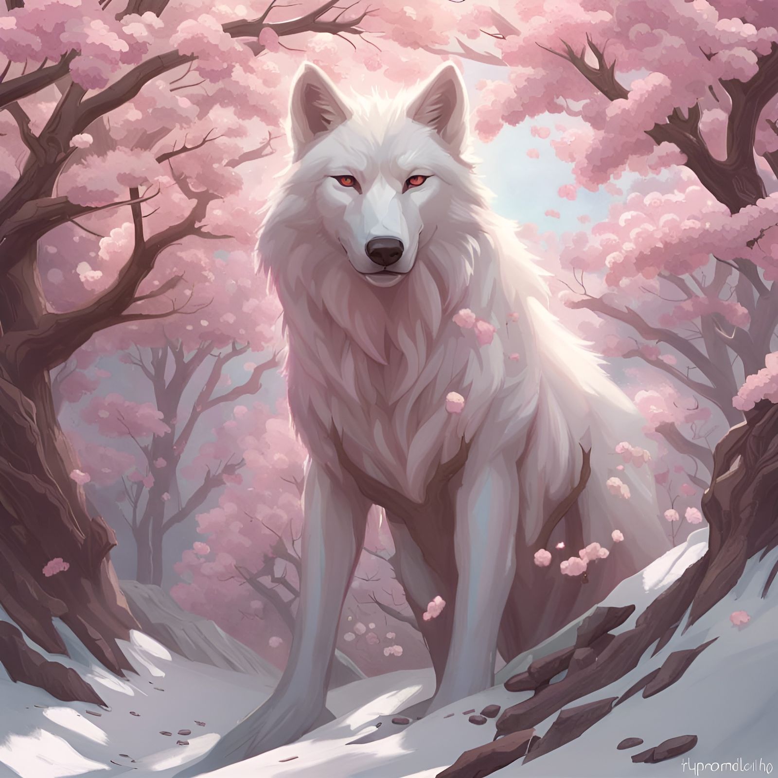 Wolf under cherry blossom trees
