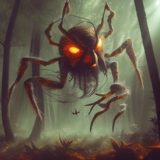 Mystical Spider Puppeteer in Neon-Lit Forest Anime Art