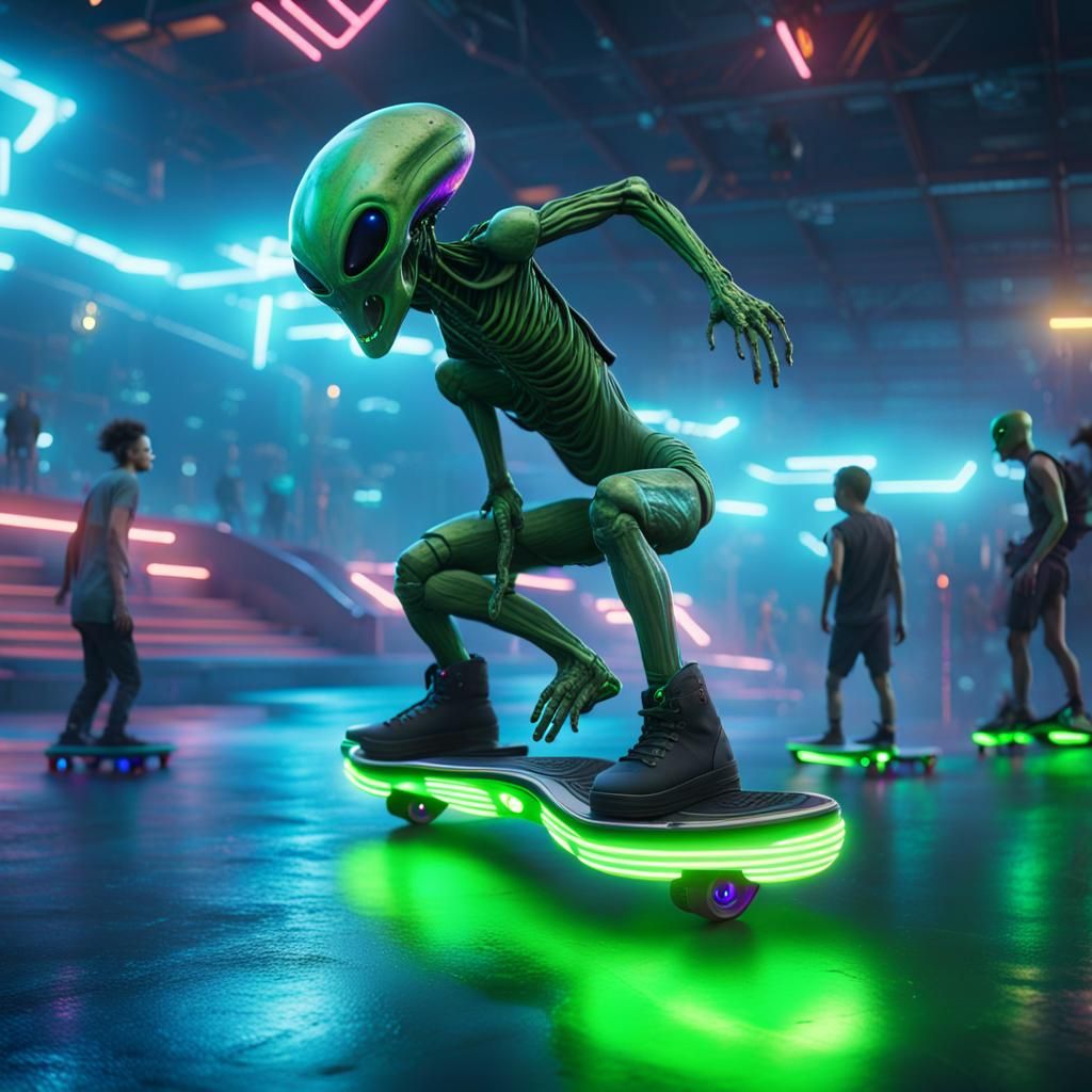 Aliens Ride Hoverboards in Vibrant Alien Skatepark